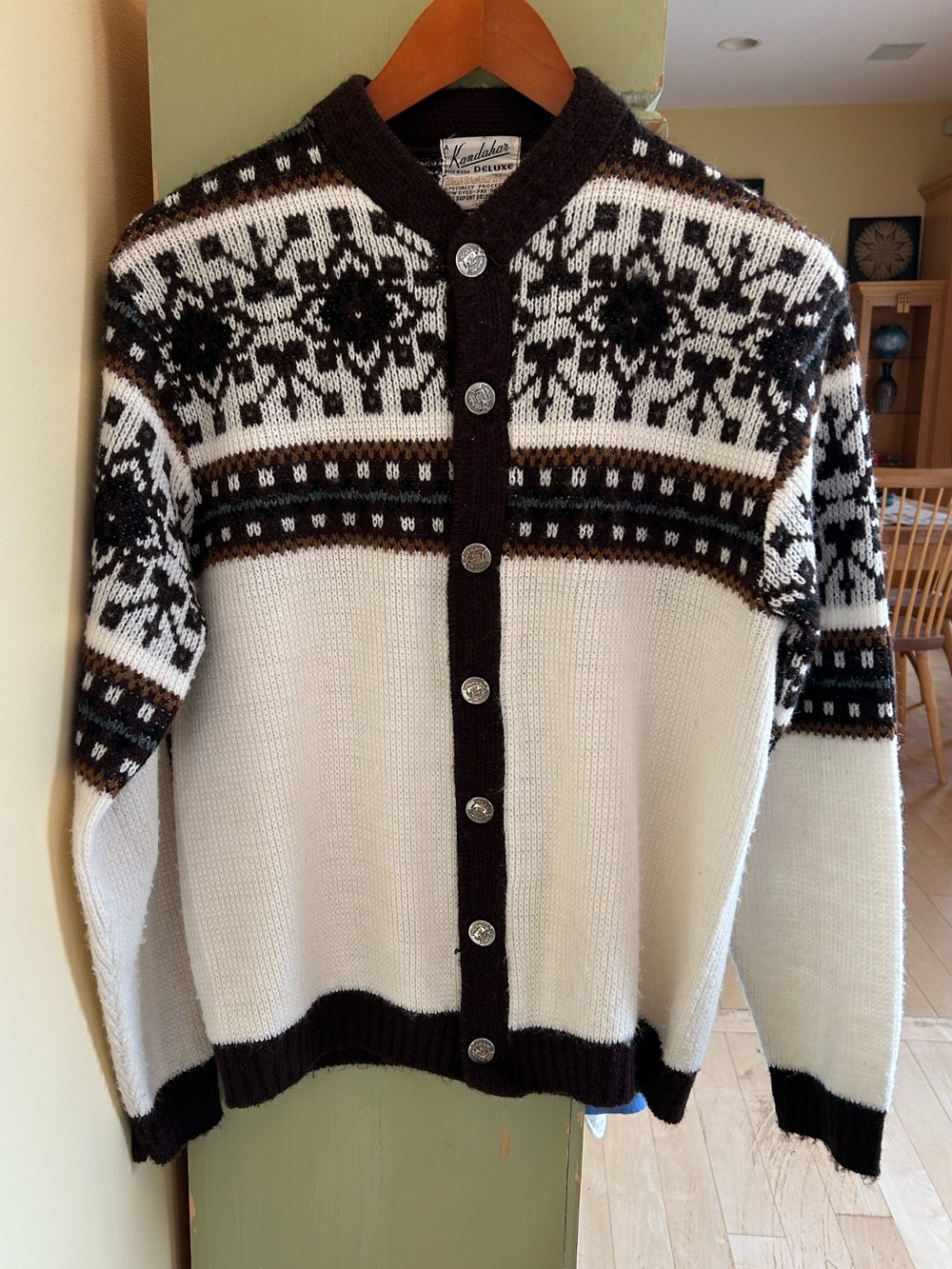 Vintage Kandahar Deluxe 60s/70s Knit Cardigan Sweater Brown/Ivory Size Large